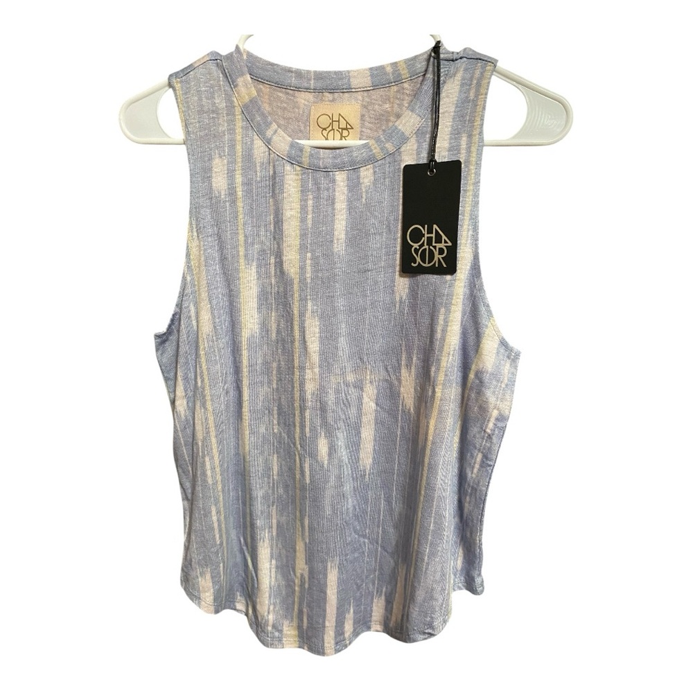Chaser Women's Blue and Cream Striped Tank Top S